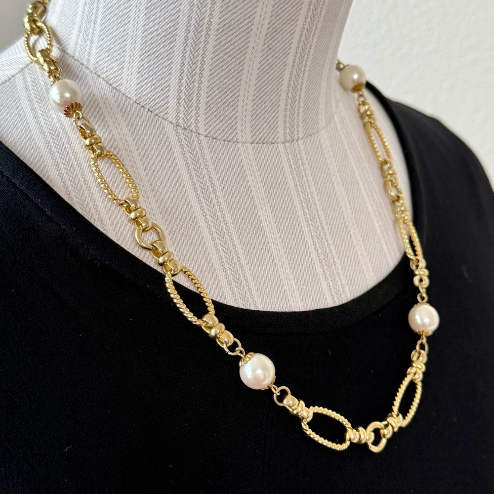 Vintage Gold Link Faux Pearl Statement Necklace Adjustable 18”-21”